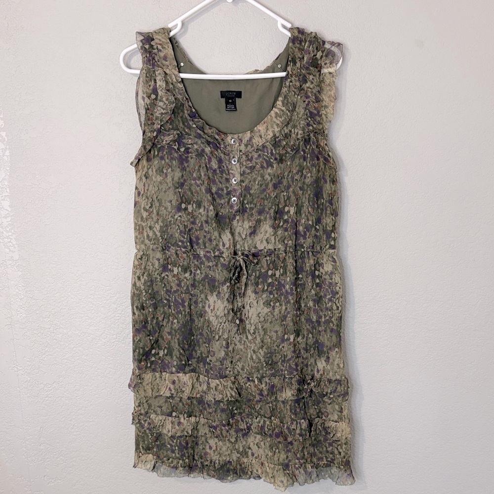 J Crew Olive Purple Print Silk Sleeveless ruffled dress 10
